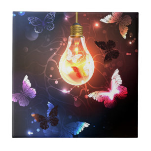 Glowing Light Bulb with Night Butterflies Ceramic Tile