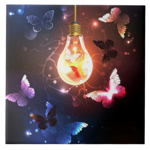 Glowing Light Bulb with Night Butterflies Ceramic Tile