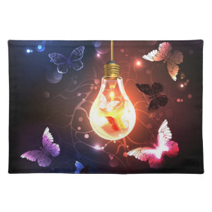 Glowing Light Bulb with Night Butterflies Cloth Placemat