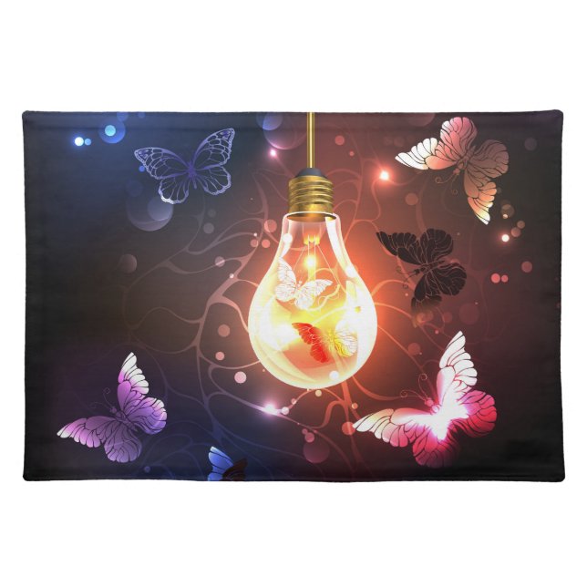 Glowing Light Bulb with Night Butterflies Cloth Placemat (Front)