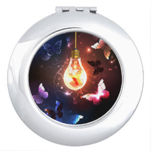 Glowing Light Bulb with Night Butterflies Compact Mirror
