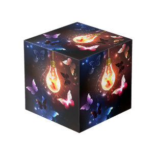 Glowing Light Bulb with Night Butterflies Cube