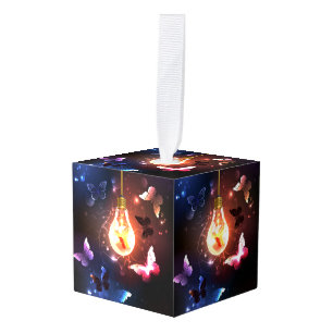 Glowing Light Bulb with Night Butterflies Cube Ornament