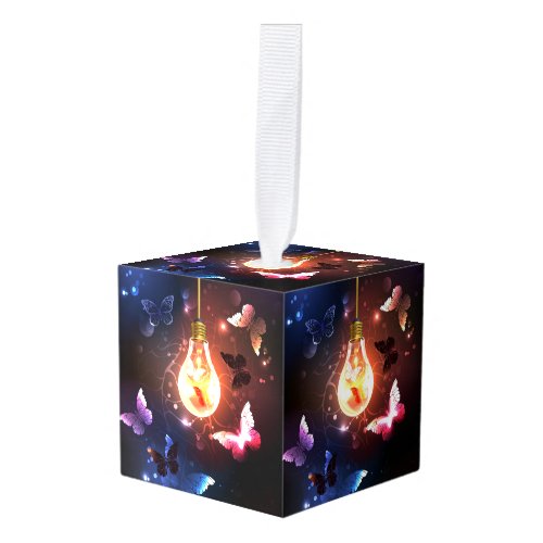 Glowing Light Bulb with Night Butterflies Cube Ornament