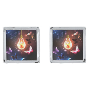 Glowing Light Bulb with Night Butterflies Cufflinks