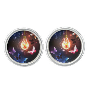Glowing Light Bulb with Night Butterflies Cufflinks
