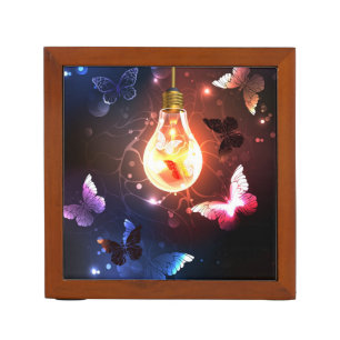 Glowing Light Bulb with Night Butterflies Desk Organizer