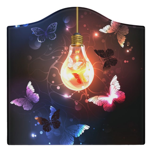 Glowing Light Bulb with Night Butterflies Door Sign (Large Crest Front)