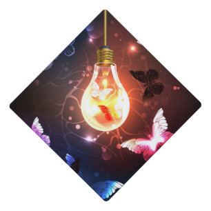 Glowing Light Bulb with Night Butterflies Graduation Cap Topper