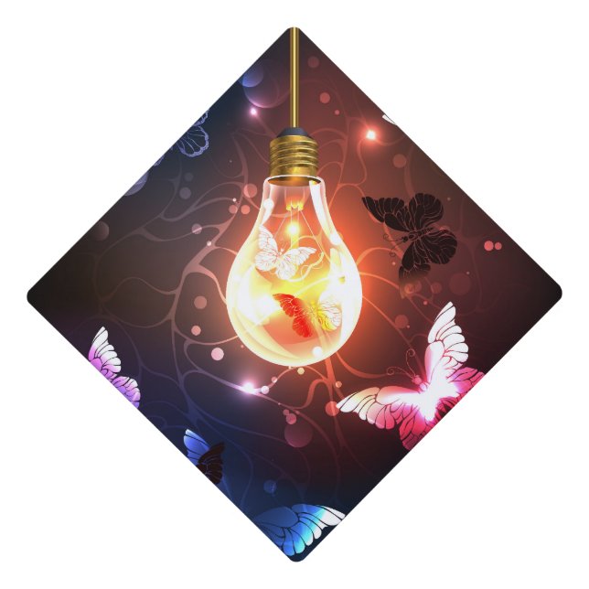 Glowing Light Bulb with Night Butterflies Graduation Cap Topper (Front)