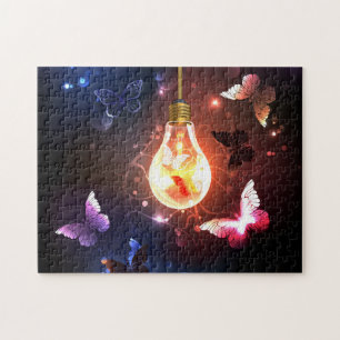 Glowing Light Bulb with Night Butterflies Jigsaw Puzzle