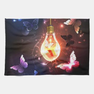 Glowing Light Bulb with Night Butterflies Kitchen Towel