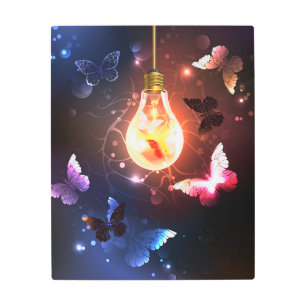 Glowing Light Bulb with Night Butterflies Metal Print