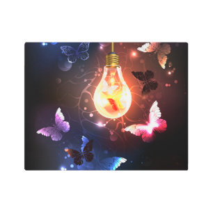 Glowing Light Bulb with Night Butterflies Metal Print