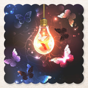 Glowing Light Bulb with Night Butterflies Paper Coaster