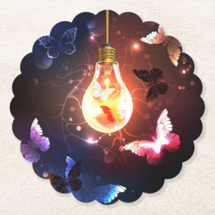 Glowing Light Bulb with Night Butterflies Paper Coaster
