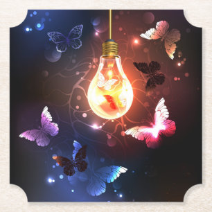 Glowing Light Bulb with Night Butterflies Paper Coaster