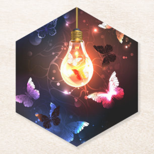 Glowing Light Bulb with Night Butterflies Paper Coaster