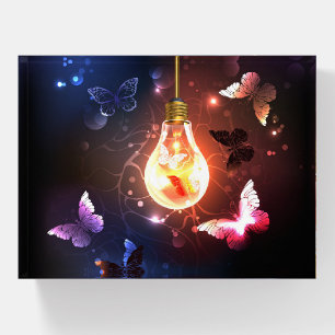 Glowing Light Bulb with Night Butterflies Paperweight