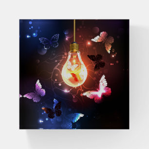 Glowing Light Bulb with Night Butterflies Paperweight