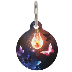 Glowing Light Bulb with Night Butterflies Pet ID Tag