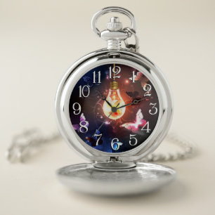 Glowing Light Bulb with Night Butterflies Pocket Watch
