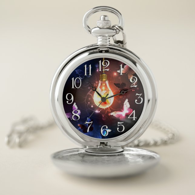 Glowing Light Bulb with Night Butterflies Pocket Watch (Inside)