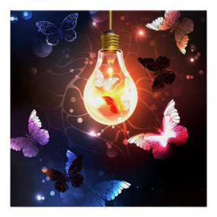 Glowing Light Bulb with Night Butterflies Poster