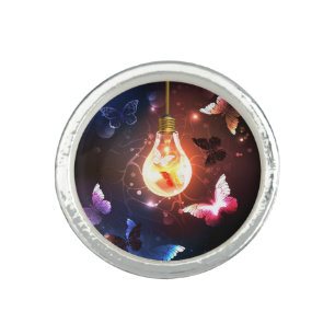 Glowing Light Bulb with Night Butterflies Ring