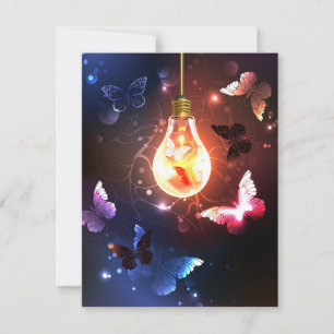 Glowing Light Bulb with Night Butterflies Save The Date