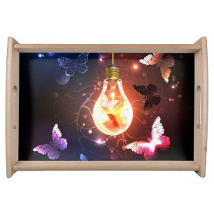 Glowing Light Bulb with Night Butterflies Serving Tray