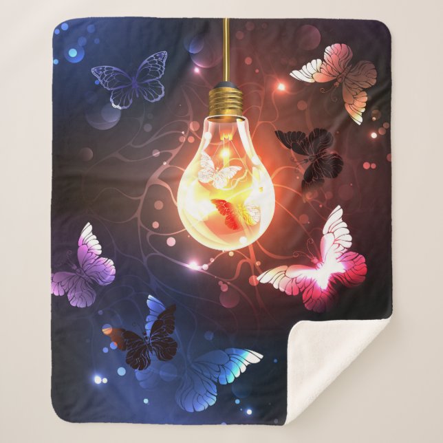 Glowing Light Bulb with Night Butterflies Sherpa Blanket (Front)