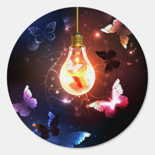 Glowing Light Bulb with Night Butterflies Sign