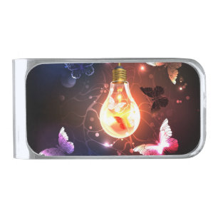 Glowing Light Bulb with Night Butterflies Silver Finish Money Clip