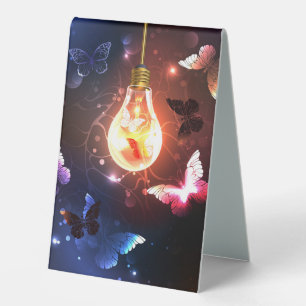 Glowing Light Bulb with Night Butterflies Table Tent