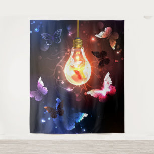 Glowing Light Bulb with Night Butterflies Tapestry