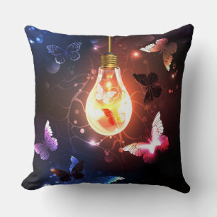 Glowing Light Bulb with Night Butterflies Throw Pillow