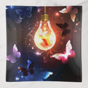 Glowing Light Bulb with Night Butterflies Trinket Tray