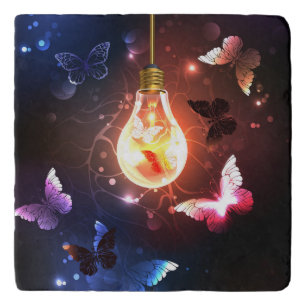 Glowing Light Bulb with Night Butterflies Trivet