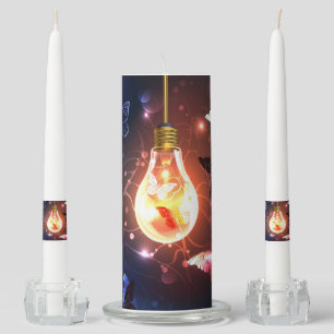 Glowing Light Bulb with Night Butterflies Unity Candle Set