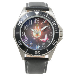 Glowing Light Bulb with Night Butterflies Watch