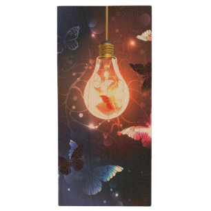Glowing Light Bulb with Night Butterflies Wood Flash Drive