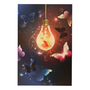 Glowing Light Bulb with Night Butterflies Wood Wall Art
