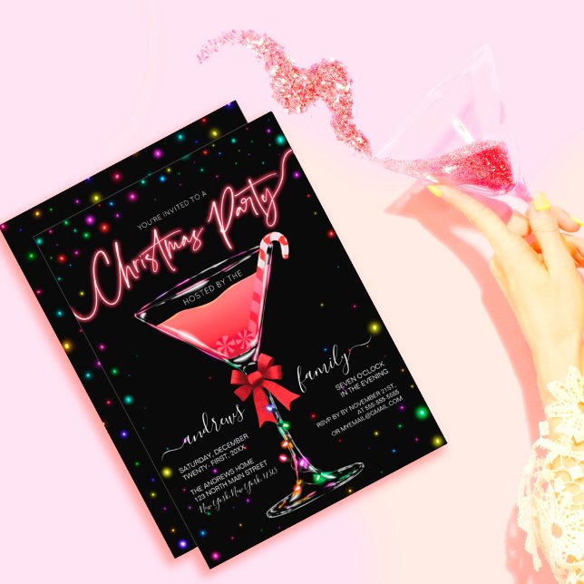 Glowing Light Holiday Candy Cane Martini Christmas Invitation (Creator Uploaded)
