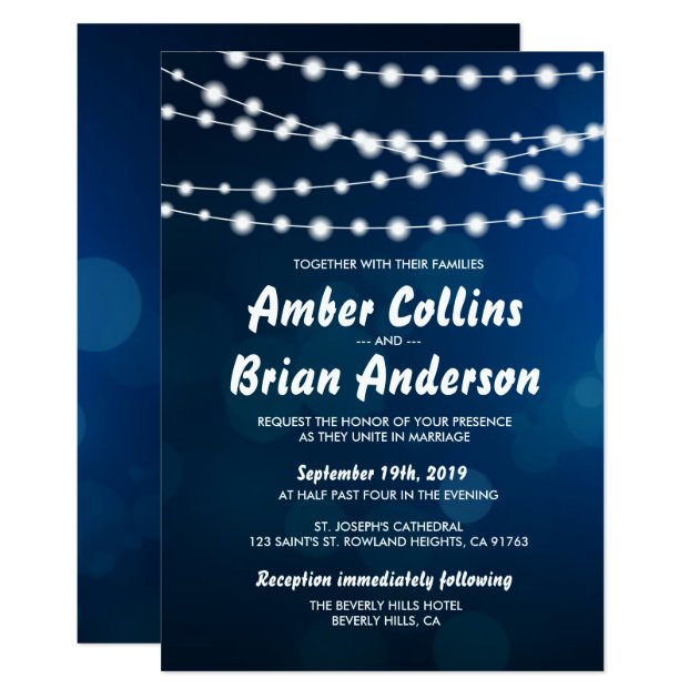 Glowing Light Strings On Deep Blue Bokeh Wedding Invitation