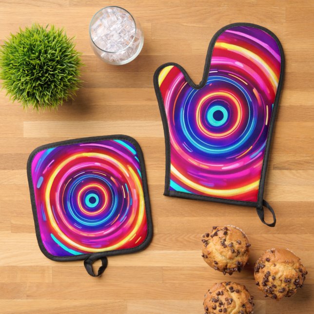 Glowing Light Vortex Oven Mitt & Pot Holder Set (Top Down)