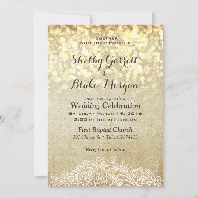 Glowing Lights Burlap & Lace Country Chic Invitation (Front)