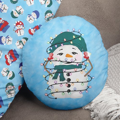 Glowing Lights Winter Wonders Snowman Christmas Round Pillow