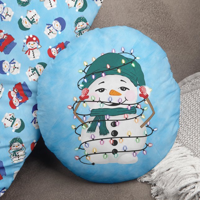 Glowing Lights Winter Wonders Snowman Christmas Round Pillow (Creator Uploaded)