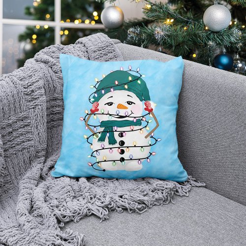 Glowing Lights Winter Wonders Snowman Christmas Throw Pillow